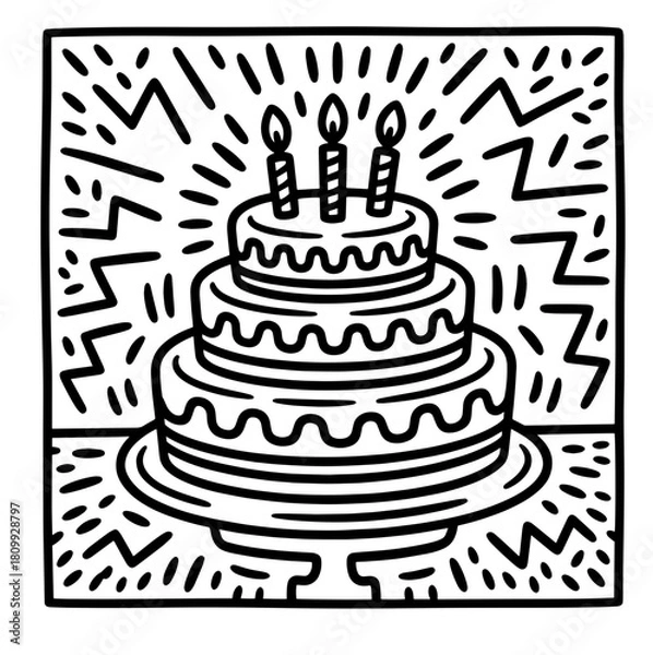 Fototapeta Vector line art of a small birthday cake with a single candle and round toppings on a plate
