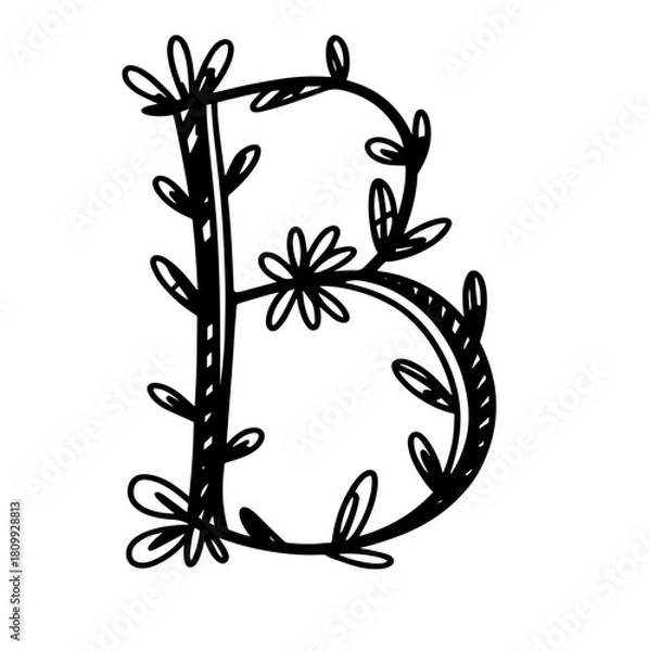 Fototapeta Black floral alphabet, botanical monogram vector letters with black line art flowers, leaves and thorns
