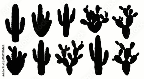 Fototapeta Collection of ten black cactus silhouettes in various shapes.