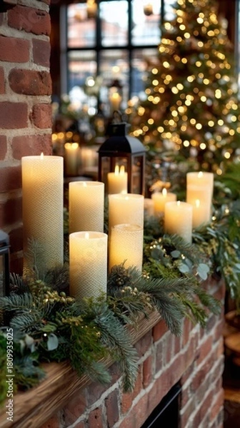 Obraz Cozy Christmas fireplace mantel decorated with glowing candles pine branches and festive tree