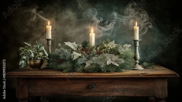 Obraz Classic Christmas still life with festive centerpiece and burning candles on rustic wooden table