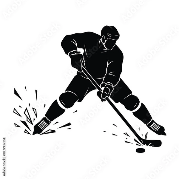 Fototapeta Ice Hockey Player Silhouette Vector Illustration. Hockey Athlete with Stick and Puck Silhouette Design. Action Sport Player with Broken Ice Effect on White.