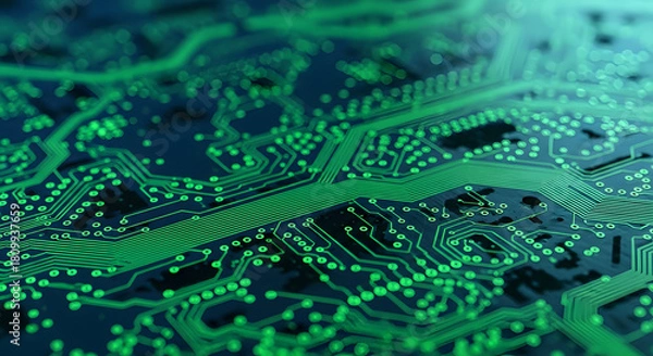 Fototapeta Abstract close up of a glowing green circuit board with intricate pathways and illuminated components representing technology and digital innovation