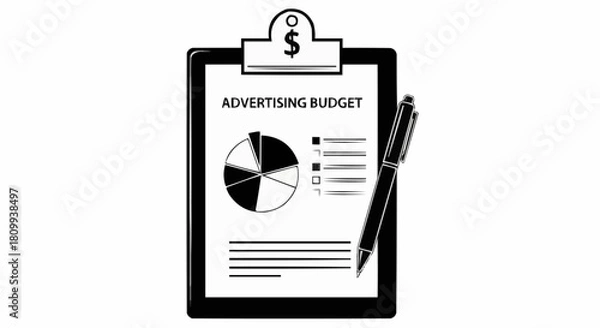 Obraz Advertising budget clipboard with pie chart and pen illustration.