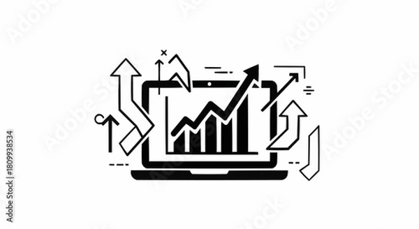 Obraz Laptop screen displaying financial growth chart with upward arrows.