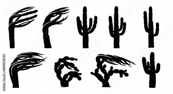 Fototapeta Set of Silhouette Illustrations of Desert Plants and Trees in Wind.