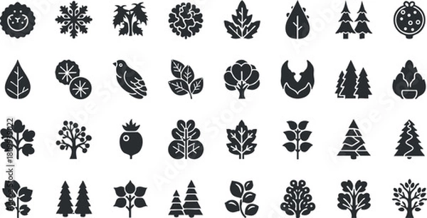 Fototapeta Collection of minimalist black and white vector illustrations featuring various trees, leaves, and nature-themed icons for design projects.