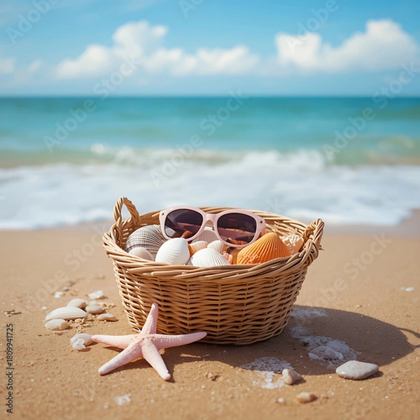 Fototapeta Summer Beach Basket Scene features sunglasses and a starfish, encapsulating a relaxed, coastal vibe typical of a beach outing.