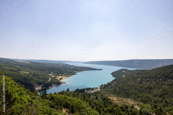 Fototapeta The Lake of Sainte-Croix with the Pont du Galetas seen from the outlet of the Verdon Gorge. Alpes-de-Haute-Provence, France
