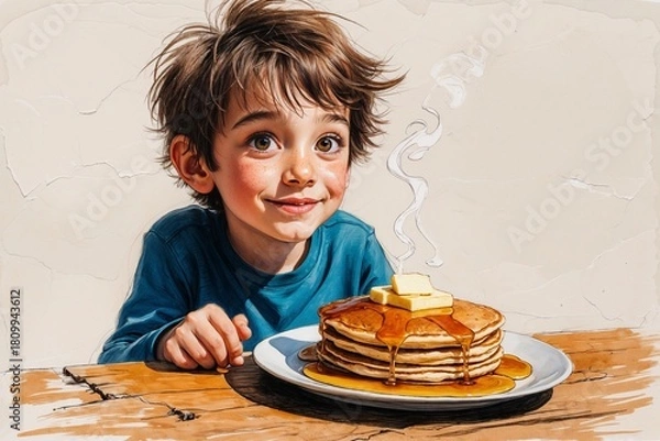 Obraz Boy Sitting at Table with Pancakes