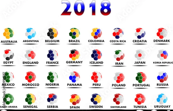 Obraz Wszystkie drużyny piłkarskie świata rywalizujące w turniejach w 2018 roku. Streszczenie projektu flagi dla każdego kraju, w tym Rosji
