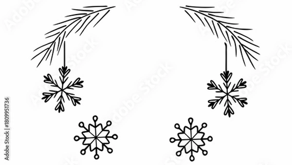 Obraz Black and white illustration of fir branches with hanging snowflake ornaments.