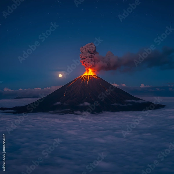 Obraz Erupting volcano showcased against a sea of clouds at night, illustrating a dramatic and awe-inspiring natural phenomenon.