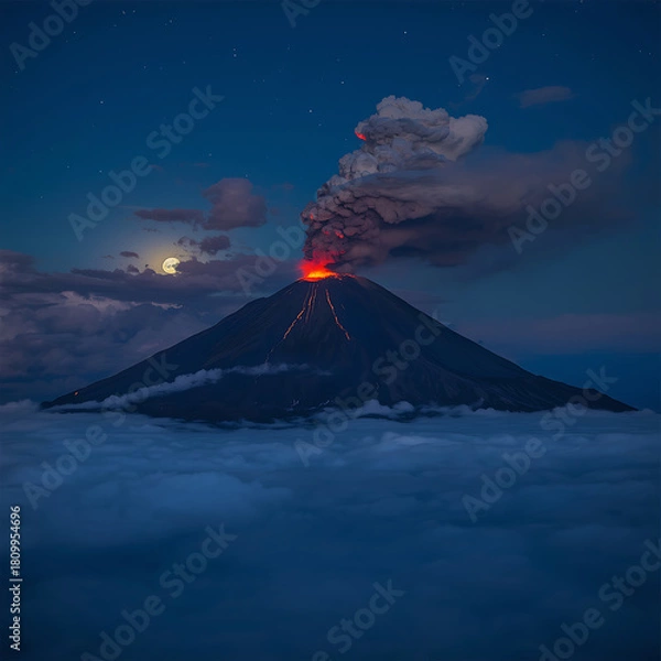Obraz Erupting volcano showcased against a sea of clouds at night, illustrating a dramatic and awe-inspiring natural phenomenon.
