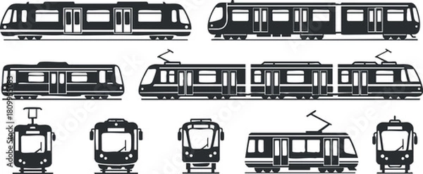 Obraz Collection of minimalist black and white vector illustrations of various train and tram designs for transportation themes