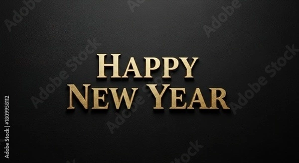 Fototapeta Happy New Year golden 3D text on a black leather texture background for a sophisticated and classic holiday celebration design