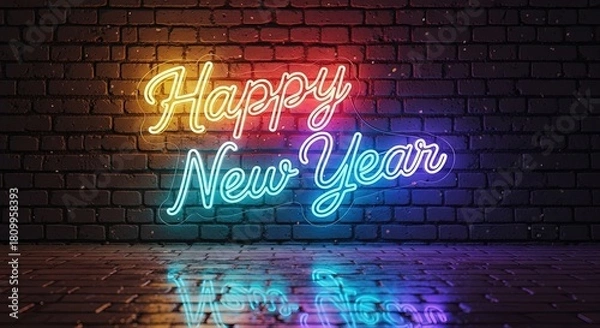 Fototapeta Happy New Year neon sign glowing on a dark brick wall with colorful reflection on wet floor creating vibrant urban aesthetic for celebration