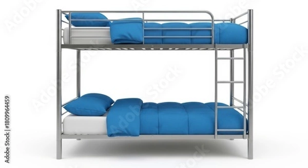 Fototapeta Modern metal bunk bed with blue bedding and pillows