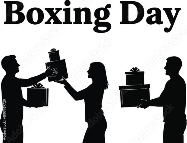 Obraz Boxing Day celebration concept with silhouette of people exchanging gift boxes