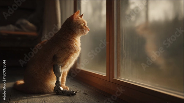 Fototapeta A curious cat gazes out a window with a prosthetic leg, contemplating the world outside