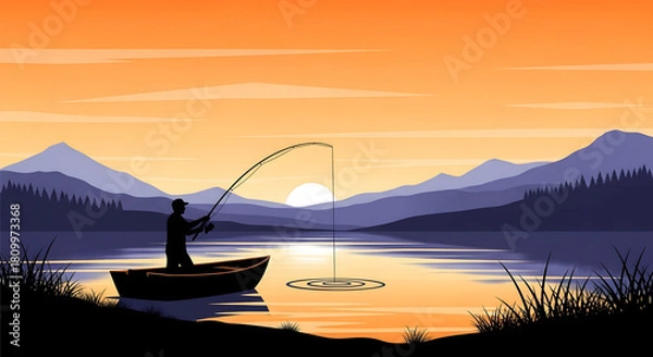 Fototapeta Silhouette of a fisherman in a boat on a calm lake at sunset
