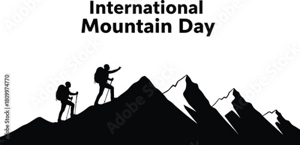 Obraz Silhouette of two hiker mountaineers climbing a mountain peak with the text "International Mountain Day"