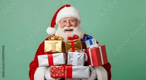 Obraz A cheerful, elderly man dressed as Santa Claus is smiling while holding a large pile of wrapped Christmas presents.