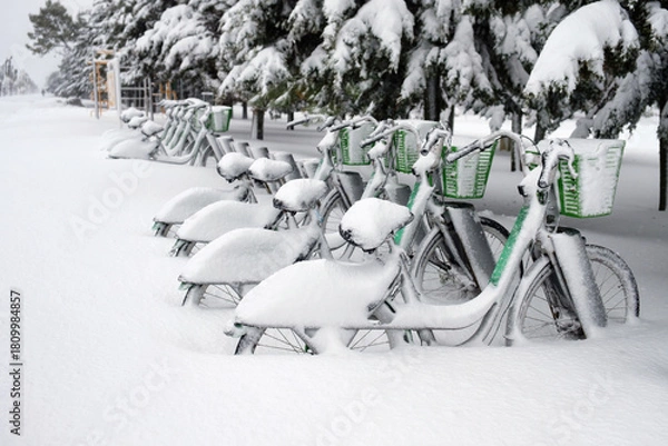 Fototapeta Row of bicycles covered with snow at bicycle parking