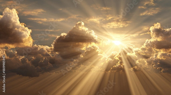 Fototapeta Golden sunlight bursts through the clouds, creating a dramatic and ethereal sky