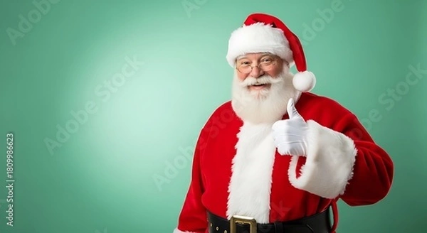 Obraz Happy Santa Claus with a white beard showing a thumbs up sign against a green background.