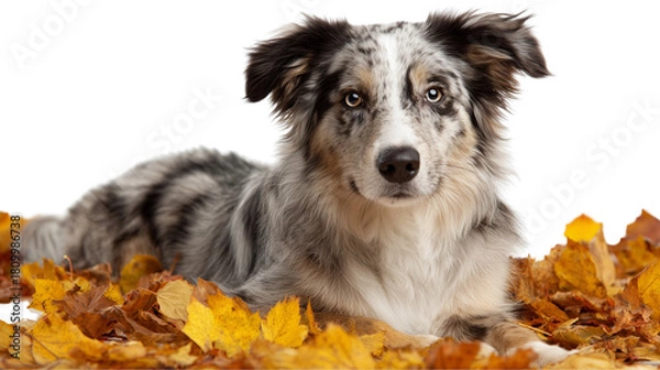 Obraz Gentle Australian Shepherd stretched out on soft yellow leaves warm autumn mood on transparent png background. Ai generated