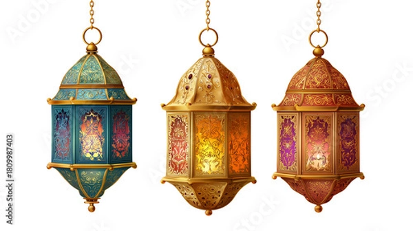 Obraz Traditional golden lantern with ornate engravings dangling from a chain on transparent png background. Ai generated