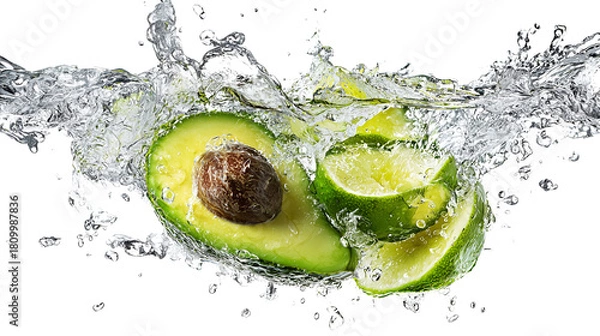 Obraz Whole and sliced avocados bursting through a splash of water on transparent png background. Ai generated