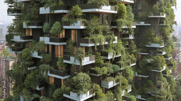 Fototapeta An innovative green skyscraper blends nature with architecture. The building is adorned with numerous plants and trees