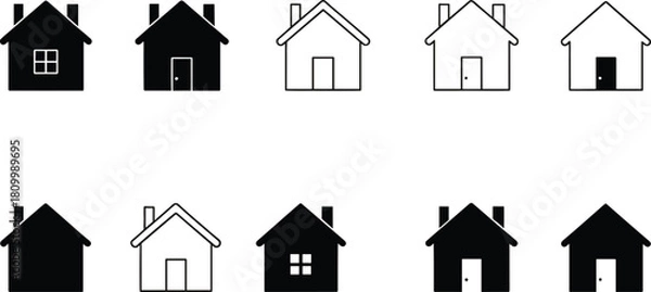 Fototapeta Collection of house icons in solid and outline styles, real estate symbols, residential property graphics, home illustration set, construction and architecture concept