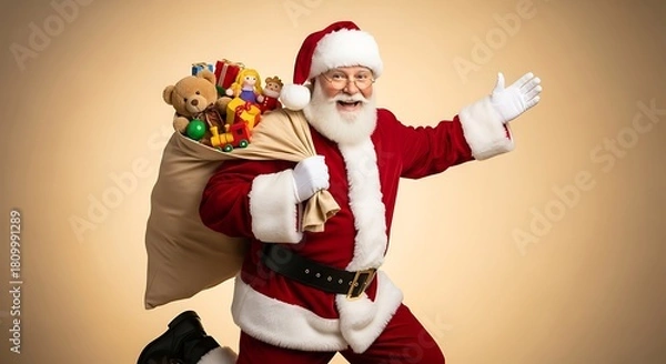 Obraz A cheerful Santa Claus in a classic red suit runs with a large sack full of toys over his shoulder.