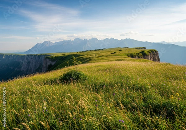 Fototapeta Cliff Edge Vista A Serene Panorama of Grassy Plains and Distant Mountain Peaks Under a Bright Blue Sky on a Sunny Day