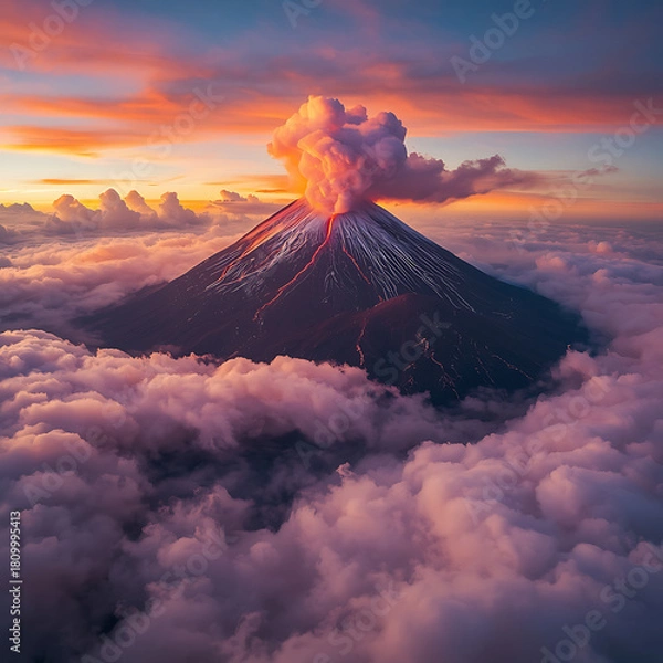 Fototapeta Majestic volcano erupting at sunset, surrounded by clouds.