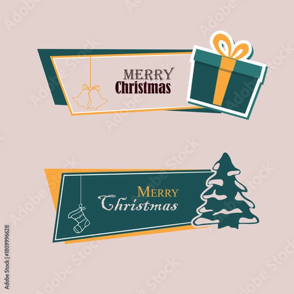 Fototapeta christmas banner with tree and gift, bells and sock set vector