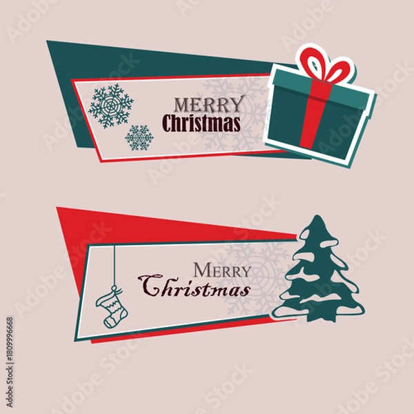 Fototapeta christmas banner with tree and gift, snowflakes and sock set vector