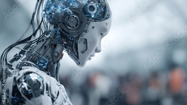 Obraz Conceptual representation of future technology, AI robot looking downward