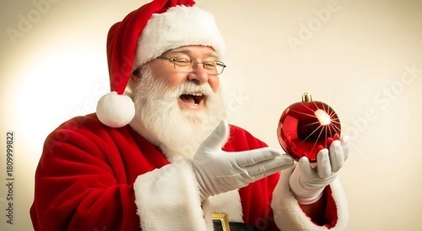 Obraz A jolly Santa Claus with a white beard and glasses, smiling as he holds a shiny red Christmas ornament.