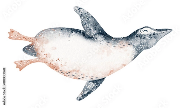 Fototapeta Watercolor penguin in floating pose. Illustration isolated figure for card or poster. Educational drawing for kids learning and aquatic wildlife themes.