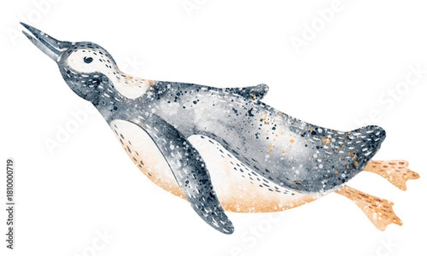 Obraz Watercolor penguin in floating pose. Illustration isolated figure for card or poster. Educational drawing for kids learning and aquatic wildlife themes.