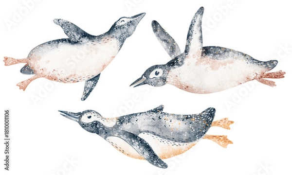 Obraz Penguin group swimming and floating. Watercolor illustration for cards and posters. Antarctic birds for education and design. Wildlife and aquatic nature.