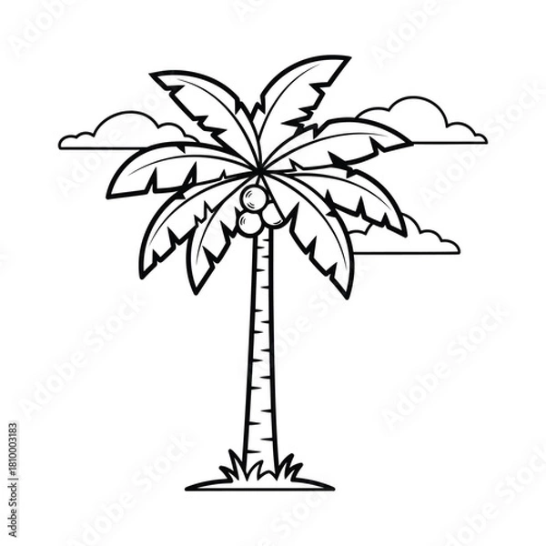 Obraz Simple black and white drawing of a palm tree with coconuts and clouds