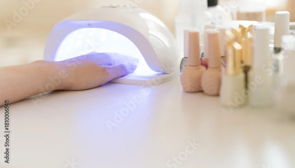 Fototapeta Hands with nail polish cured in a UV nail lamp