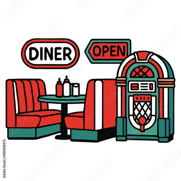 Fototapeta Retro Diner Booth and Jukebox Illustration color vector