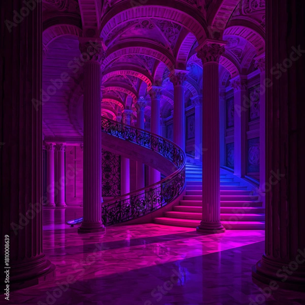 Fototapeta Image description of a grand staircase featuring columns and arches, illuminated by pink and blue neon lights.