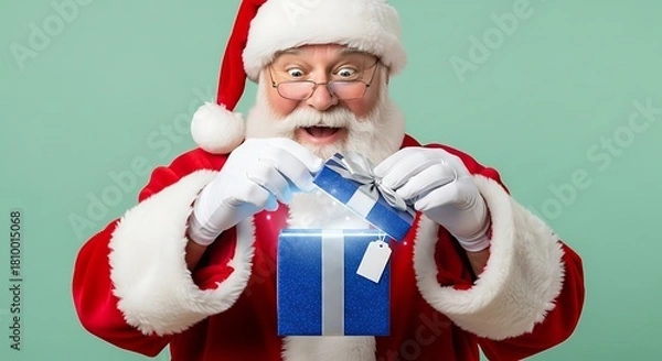 Fototapeta Surprised Santa Claus with a white beard opening a magical glowing blue Christmas gift box.